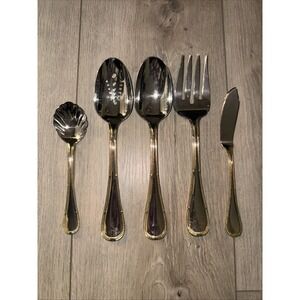 Yamazaki 5 Piece Serving Hostess Set‎ Allegra 18/10 Stainless Steel Gold Detail